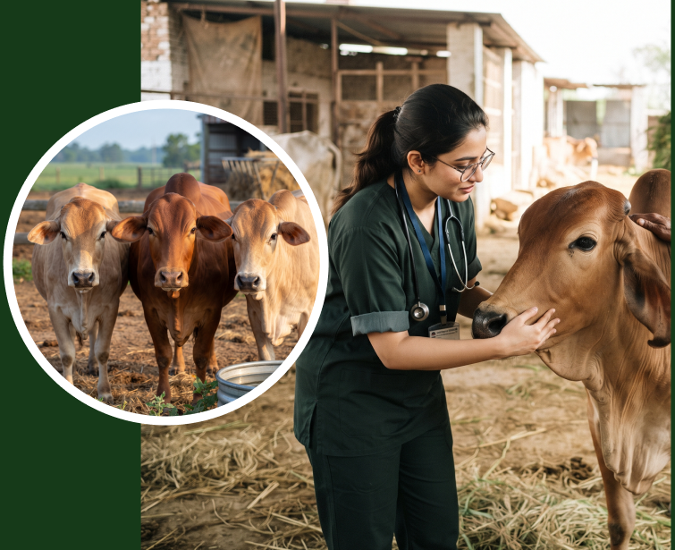 Veterinarian examining cattle in farm shelter