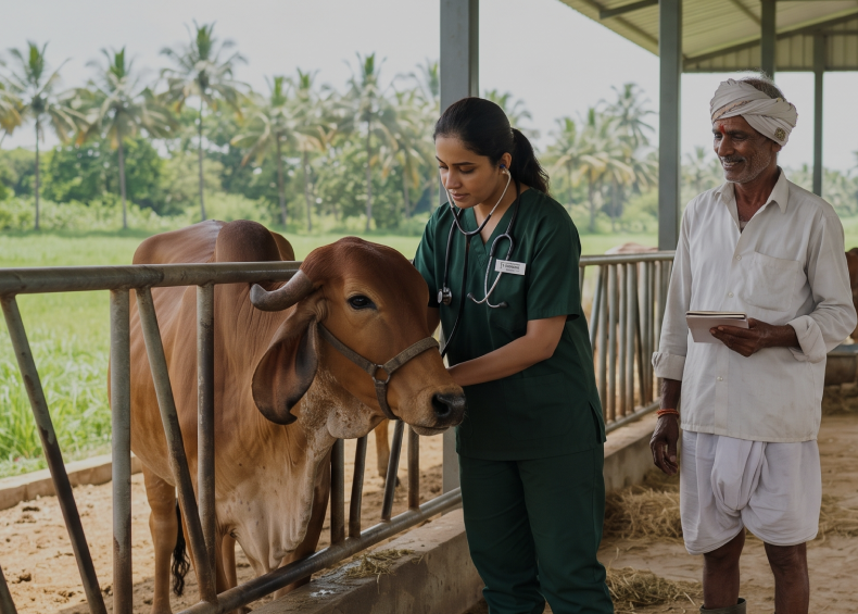 Veterinarian and dairy farmer discussing cattle healthcare in barn